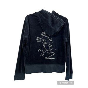 Disney Parks Full Zip Hoodie Large Black Velour Velvet Mickey Mouse Rhinestones‎